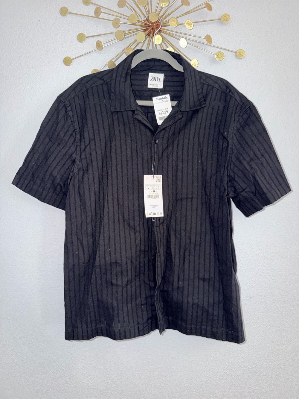 ZARA Black Short-Sleeve Button-Down Shirt with Subtle Vertical Texture